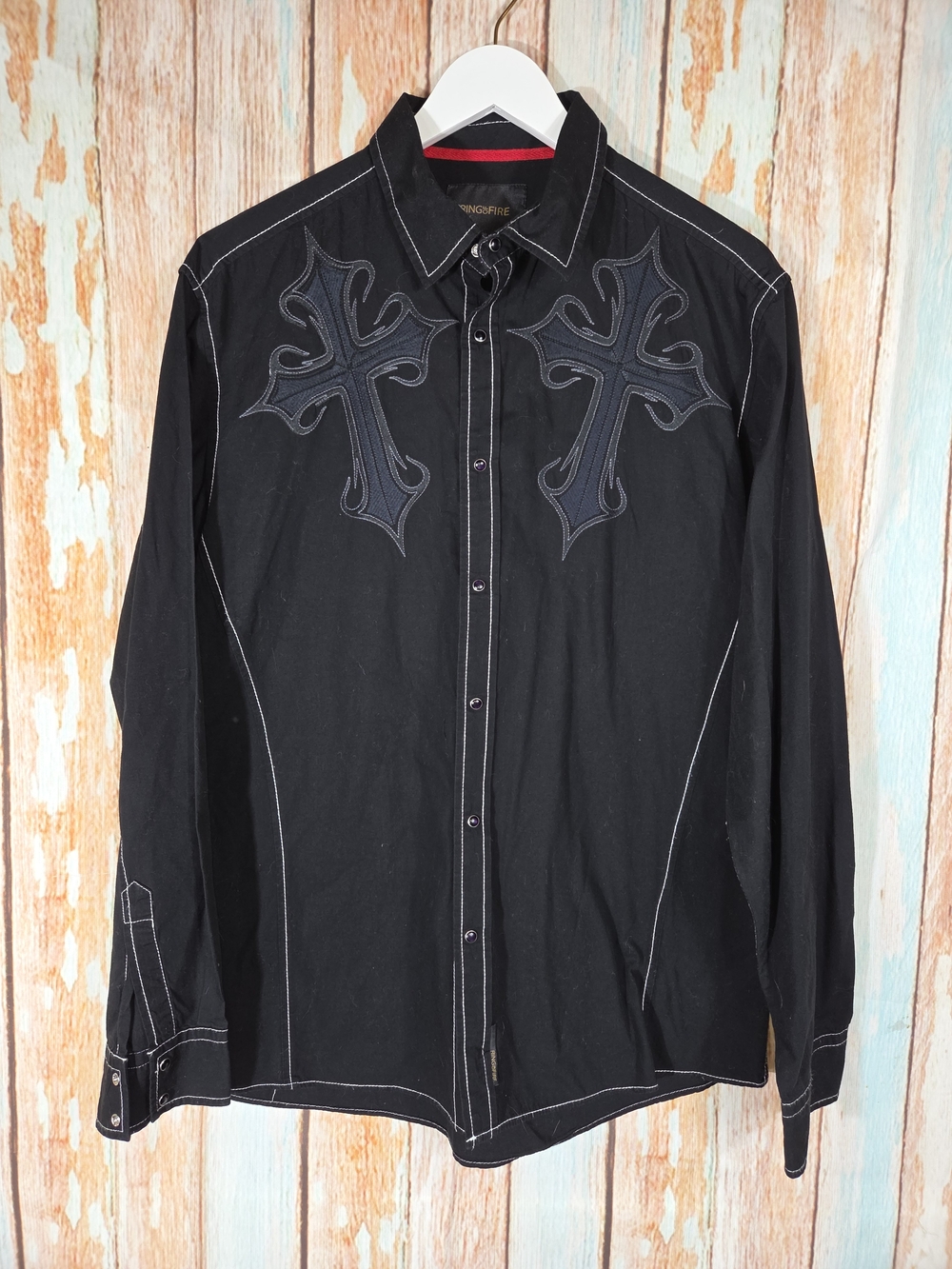 Ring of Fire Black Long-Sleeve Button-Down Shirt w/Dark Cross Appliqués. Sz XL